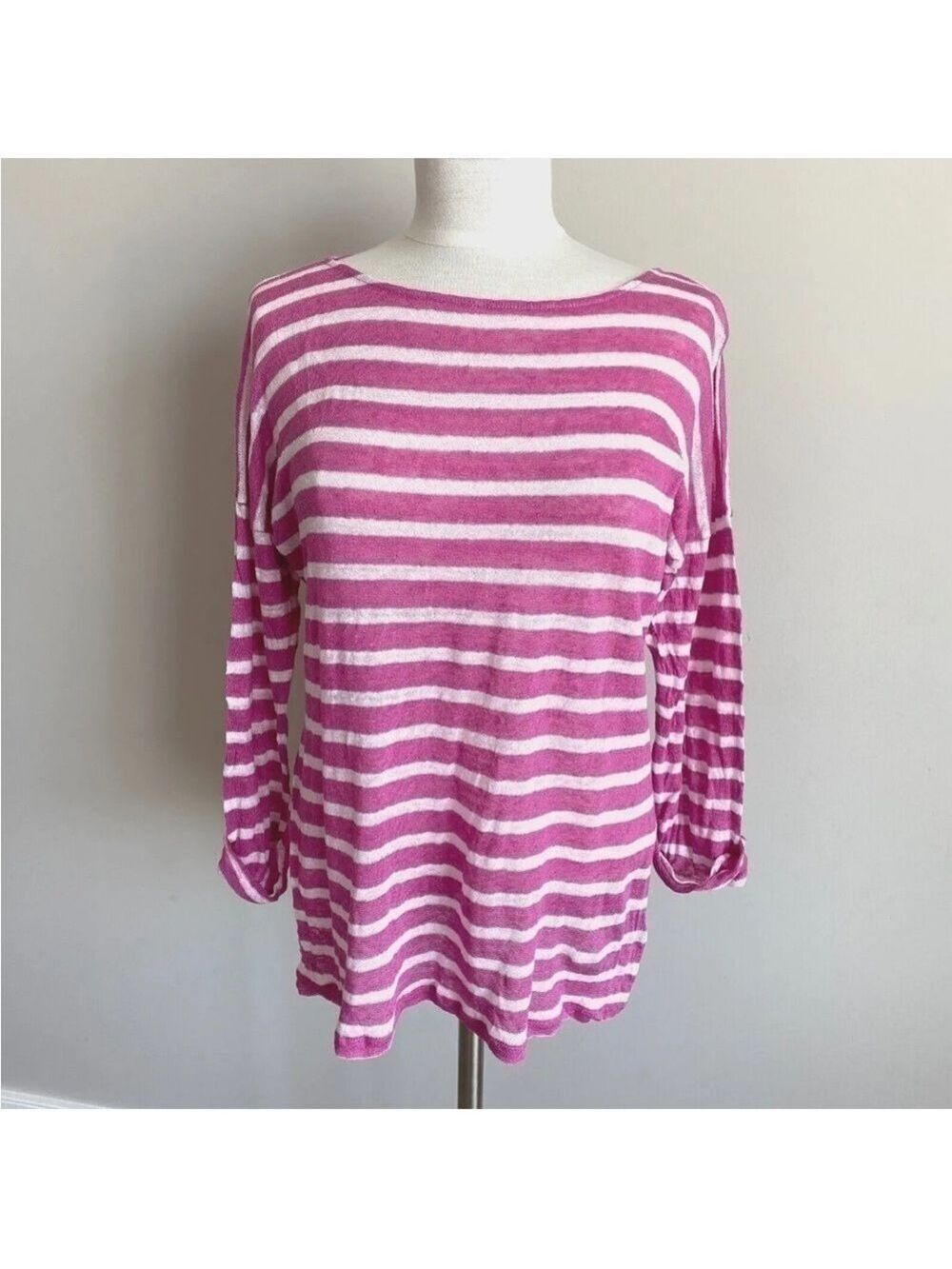 Lauren Ralph Lauren 100% Linen Top Shirt Womens L Pink White Striped 3/4 Sleeve
